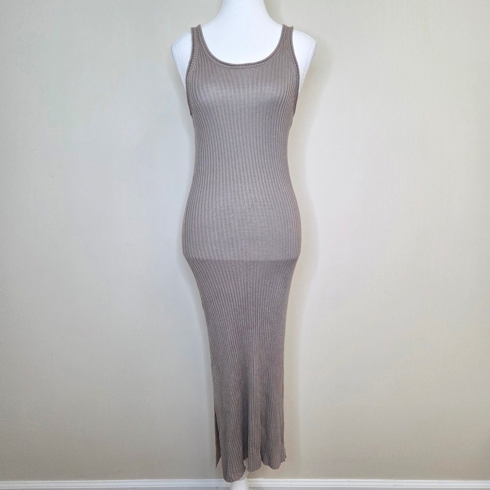 By Together Ribbed Knit Tank Maxi‎ Dress Taupe Sleeveless Slit S
